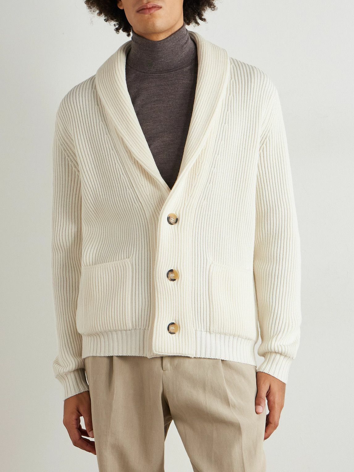 Thom Sweeney - Shawl-Collar Ribbed Wool Cardigan - White