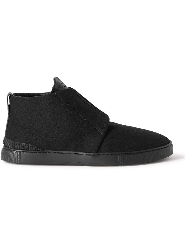 Photo: Ermenegildo Zegna - Leather-Trimmed Wool-Flannel Slip-On High-Top Sneakers - Black