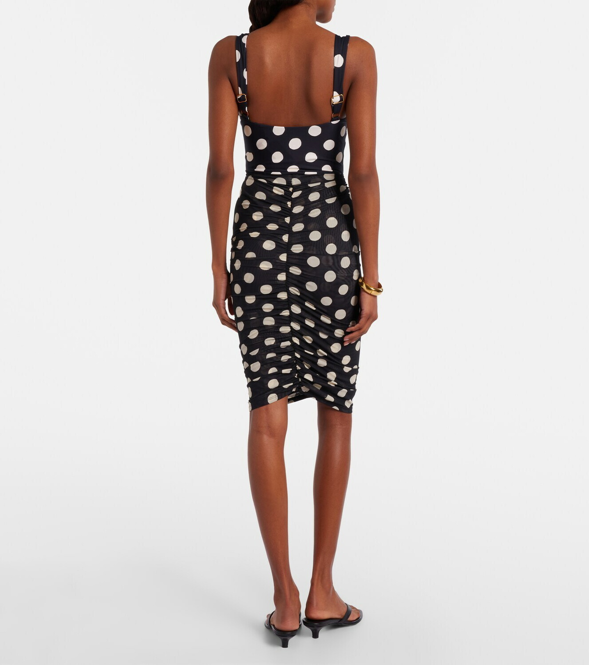 Montce Polka-dot ruched mesh midi skirt