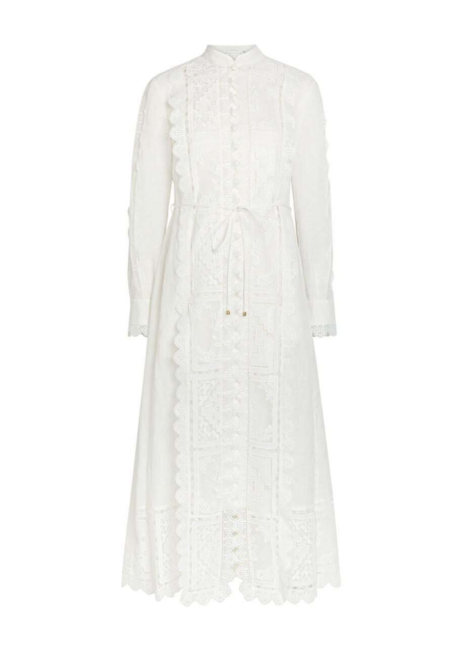Zimmermann Aster Embroidered Belted Ramie Midi Dress Ivory