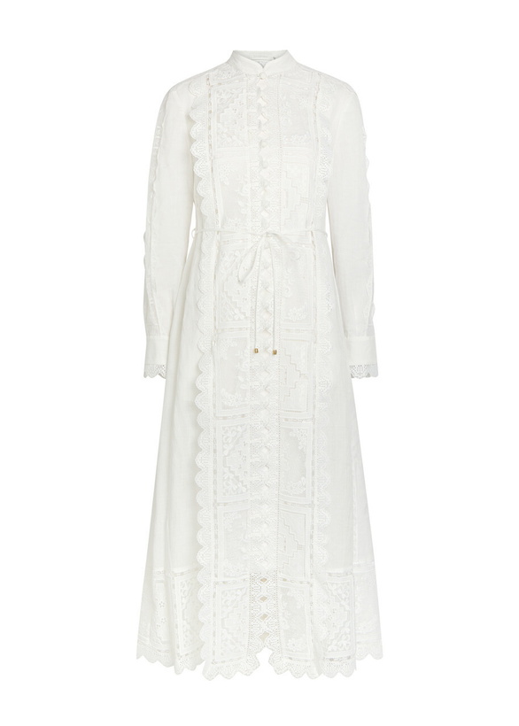 Photo: Zimmermann Aster Embroidered Belted Ramie Midi Dress Ivory