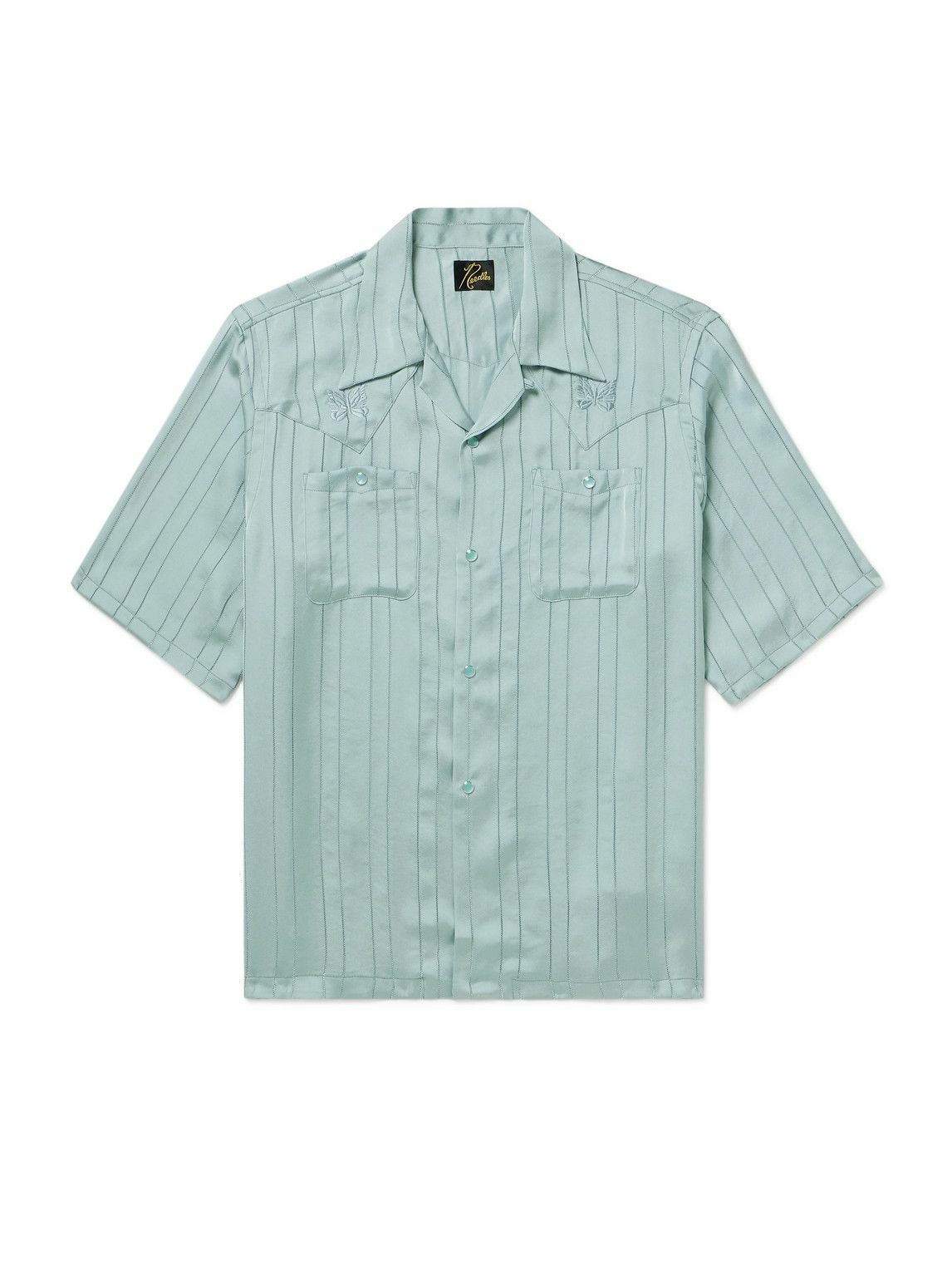 Photo: Needles - Camp-Collar Logo-Embroidered Striped Georgette Western Shirt - Blue