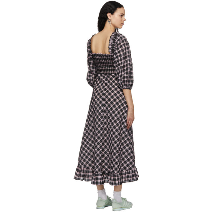 ganni ruched gingham stretch seersucker maxi dress Ganni Ruched Gingham Stretch-seersucker Maxi Dress in Pink