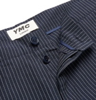 YMC - Hand Me Down Tapered Cropped Pinstriped Cotton and Linen-Blend Trousers - Blue