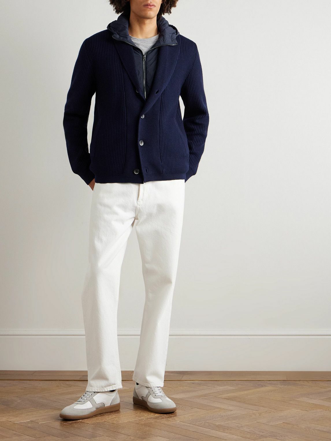 Herno - Layered Shawl-Collar Ribbed Wool and Stretch-Nylon Hooded Jacket - Blue