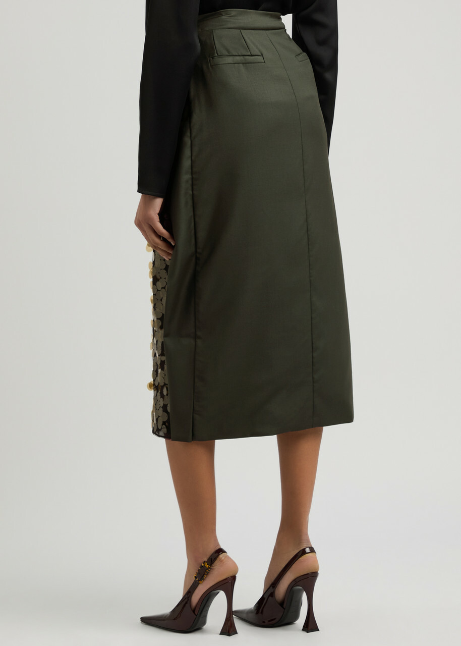 16 Arlington Beatris Embellished Wool Midi Wrap Skirt Khaki