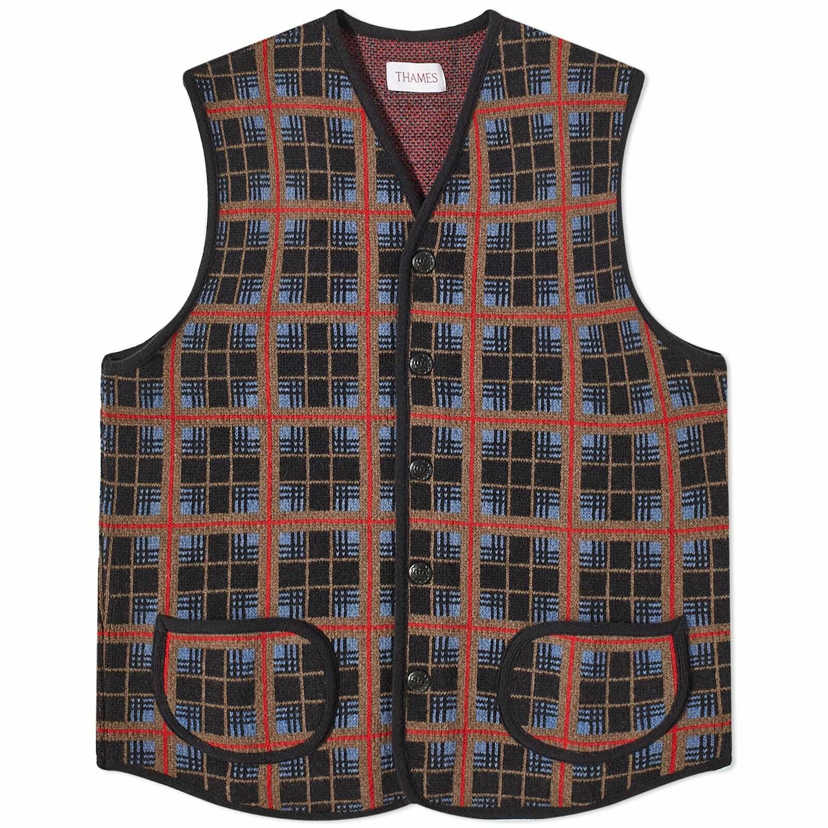 Photo: Thames Men's Button Through Knit Shooting Vest in Black/Red