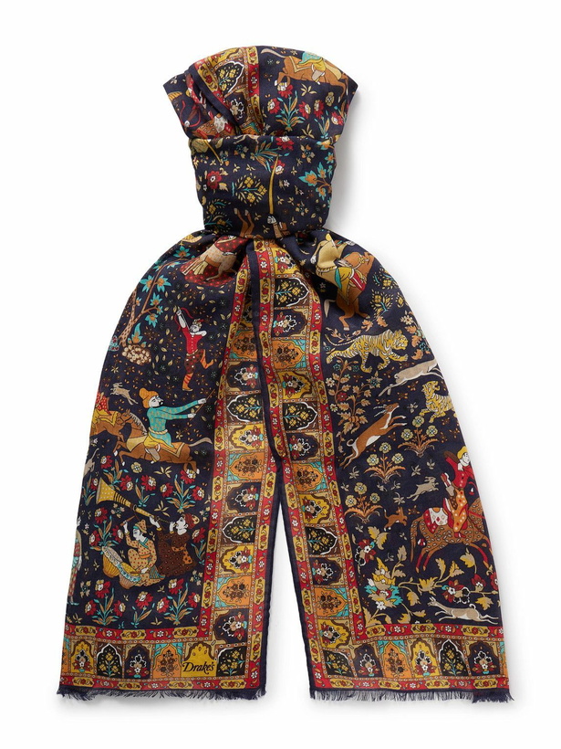 Photo: Drake's - Fringed Printed Wool and Silk-Blend Scarf
