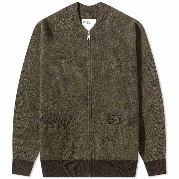 Photo: MHL by Margaret Howell Men's MHL. by Margaret Howell Knitted Bomber Jacket Cardigan in Green/Brown