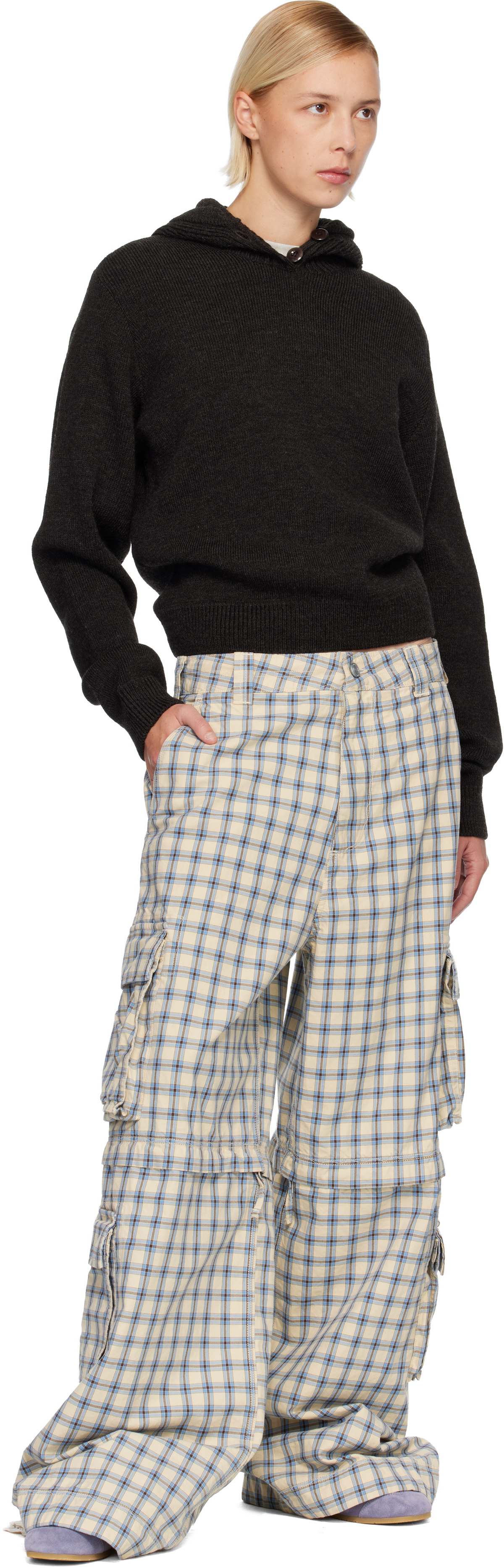 ERL Beige & Blue Zip-Off Plaid Cargo Pants