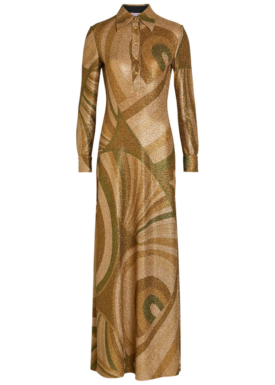 Pucci Printed Metallic-jersey Maxi Shirt Dress Brown