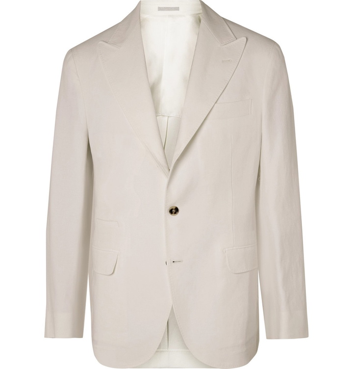 Photo: Brunello Cucinelli - Sage-Green Slim-Fit Unstructured Linen-Hopsack Blazer - White