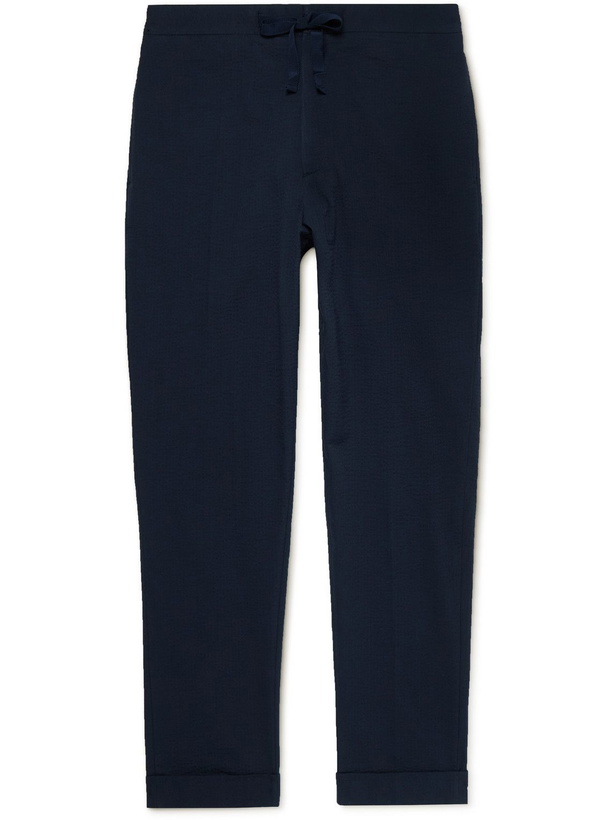 Photo: Officine Générale - Straight-Leg Cotton-Seersucker Drawstring Trousers - Blue