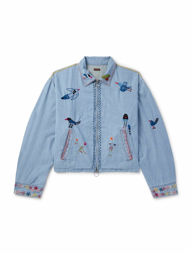 Photo: KAPITAL - Drizzler Cropped Embroidered Cotton-Chambray Jacket - Blue