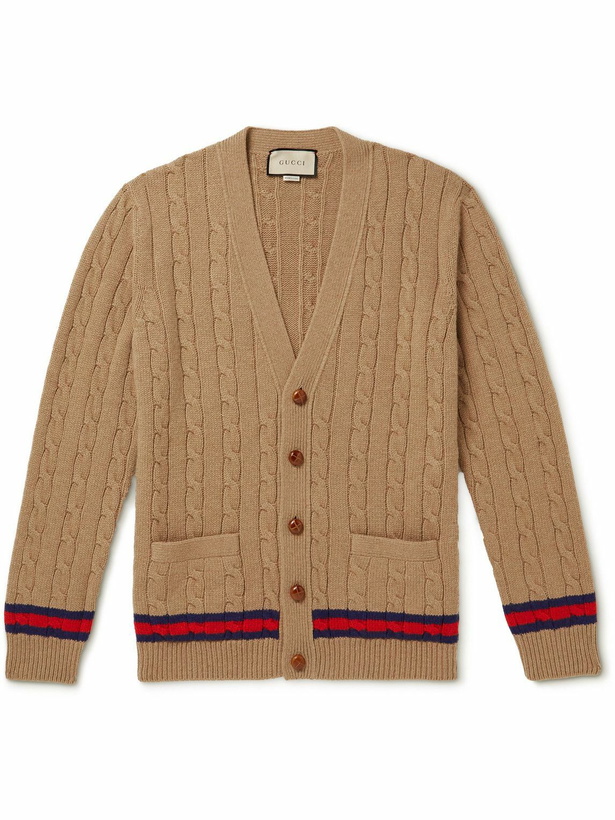 Photo: GUCCI - Striped Cable-Knit Cashmere and Wool-Blend Cardigan - Neutrals