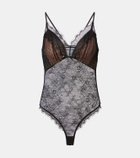 Self-Portrait Embroidered lace-trimmed mesh bodysuit
