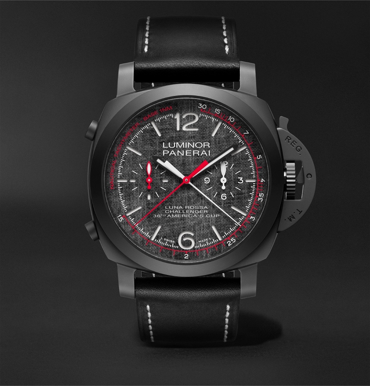 Photo: Panerai - Luminor Luna Rossa Challenger Automatic Flyback Chronograph 44mm Ceramic and Leather Watch - Black