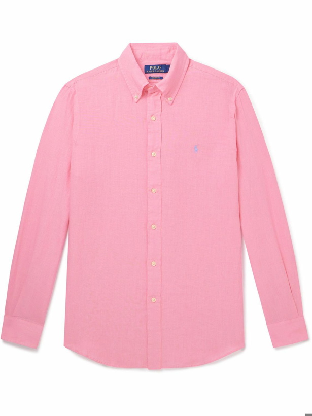 Photo: Polo Ralph Lauren - Button-Down Collar Logo-Embroidered Linen Shirt - Pink