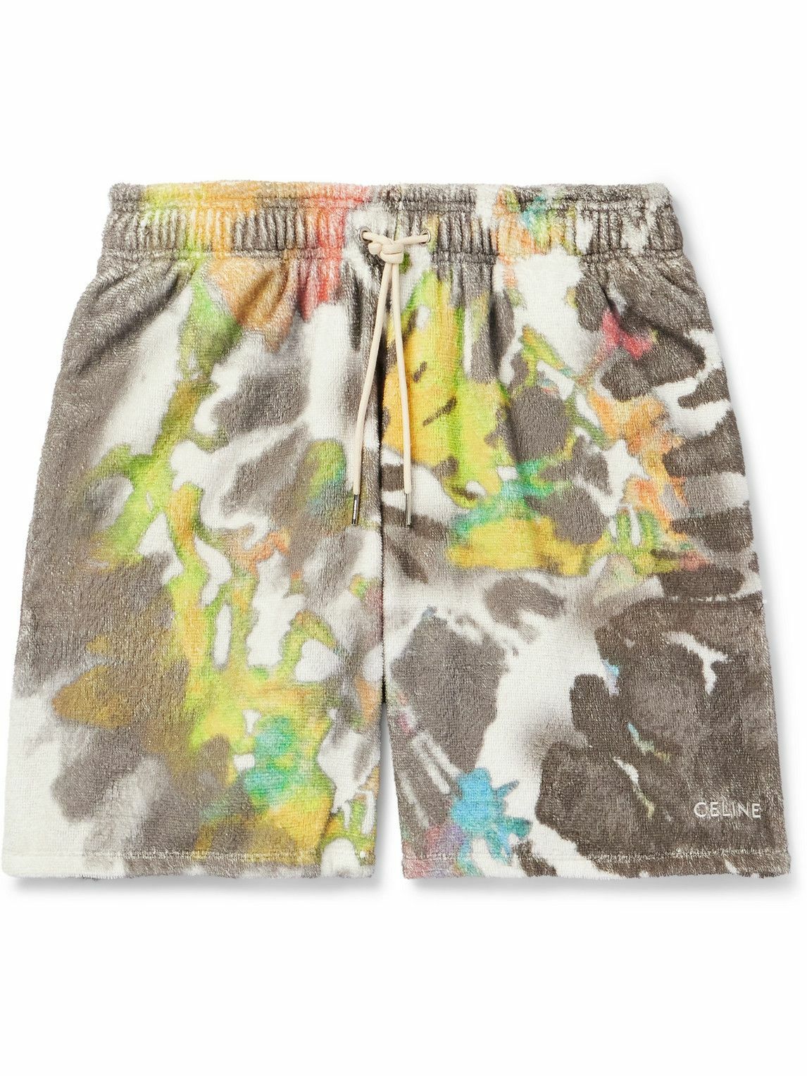 CELINE - Straight-Leg Tie-Dyed Cotton-Terry Drawstring Shorts - Gray