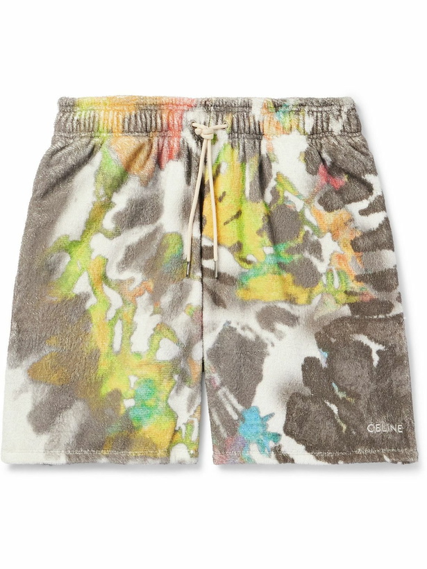 Photo: CELINE - Straight-Leg Tie-Dyed Cotton-Terry Drawstring Shorts - Gray
