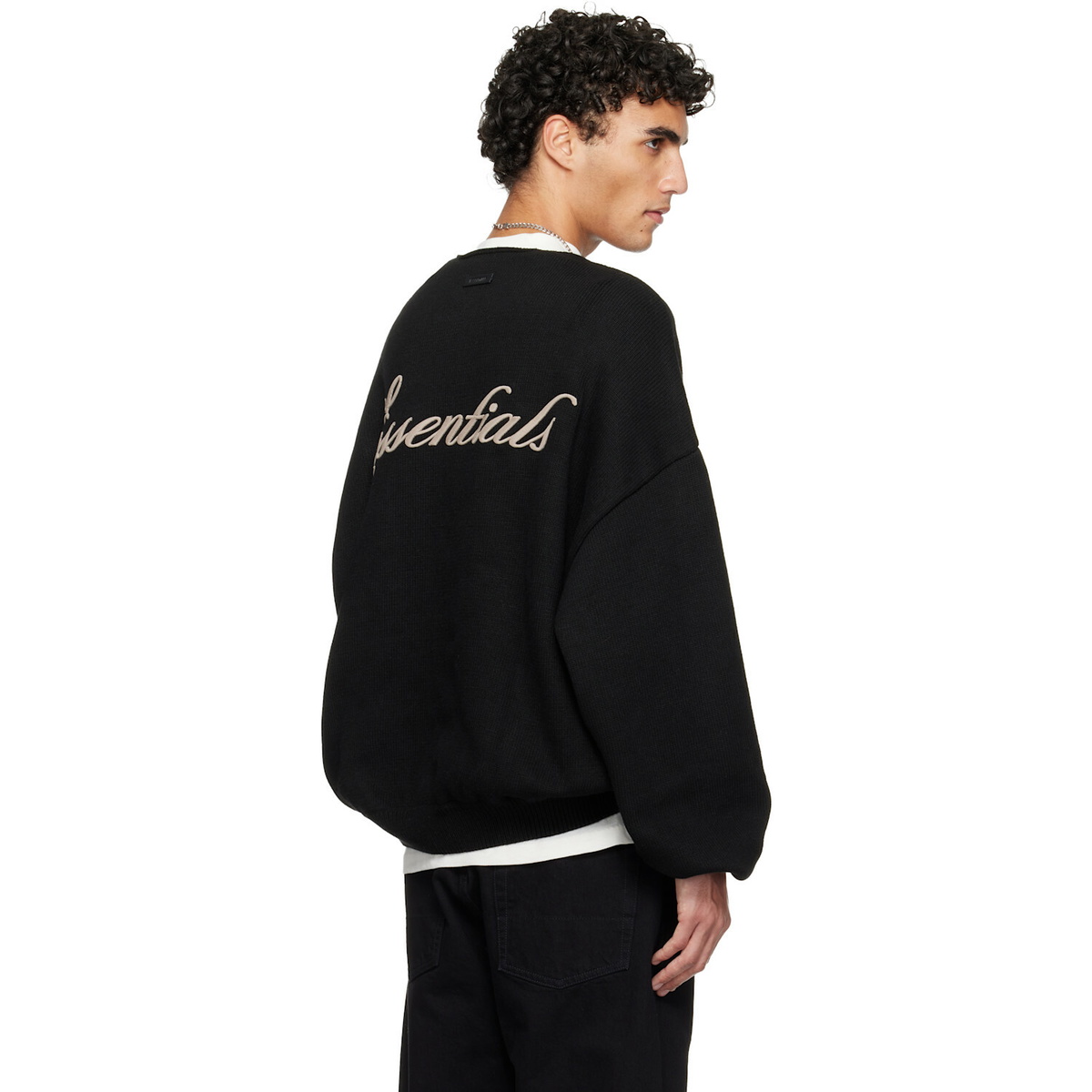 Fear of God ESSENTIALS Black Holiday Embroidered Merino Crewneck Sweater