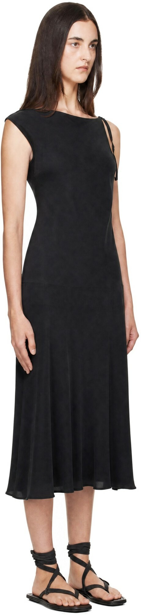 St. Agni Black Silk Drape Back Midi Dress