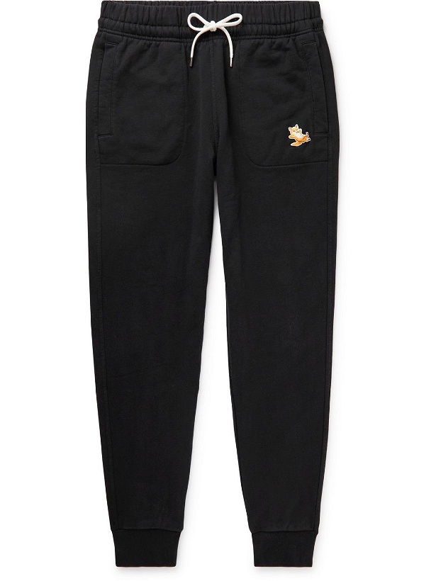 Photo: Maison Kitsuné - Chillax Fox Tapered Logo-Appliquéd Cotton-Jersey Sweatpants - Black
