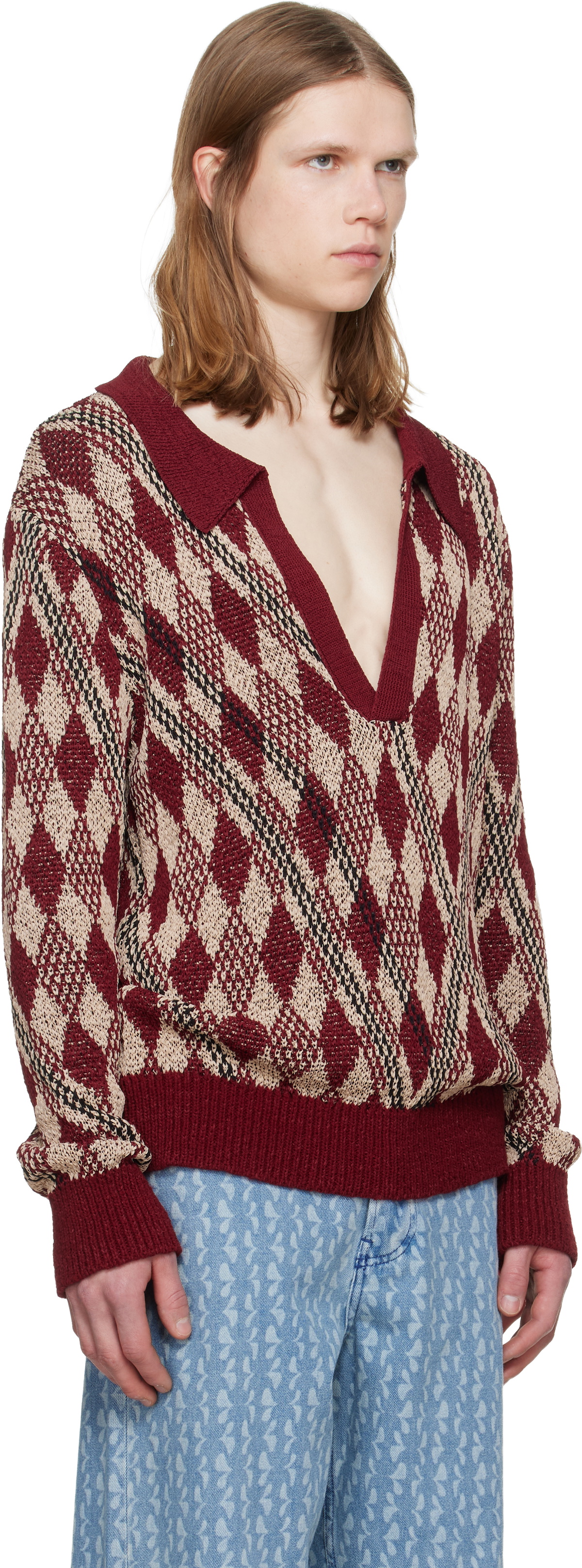 Dries Van Noten Burgundy & Beige Argyle Polo