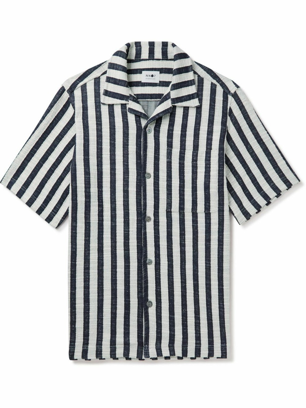 Photo: NN07 - Julio Camp-Collar Striped Cotton-Blend Bouclé Shirt - White