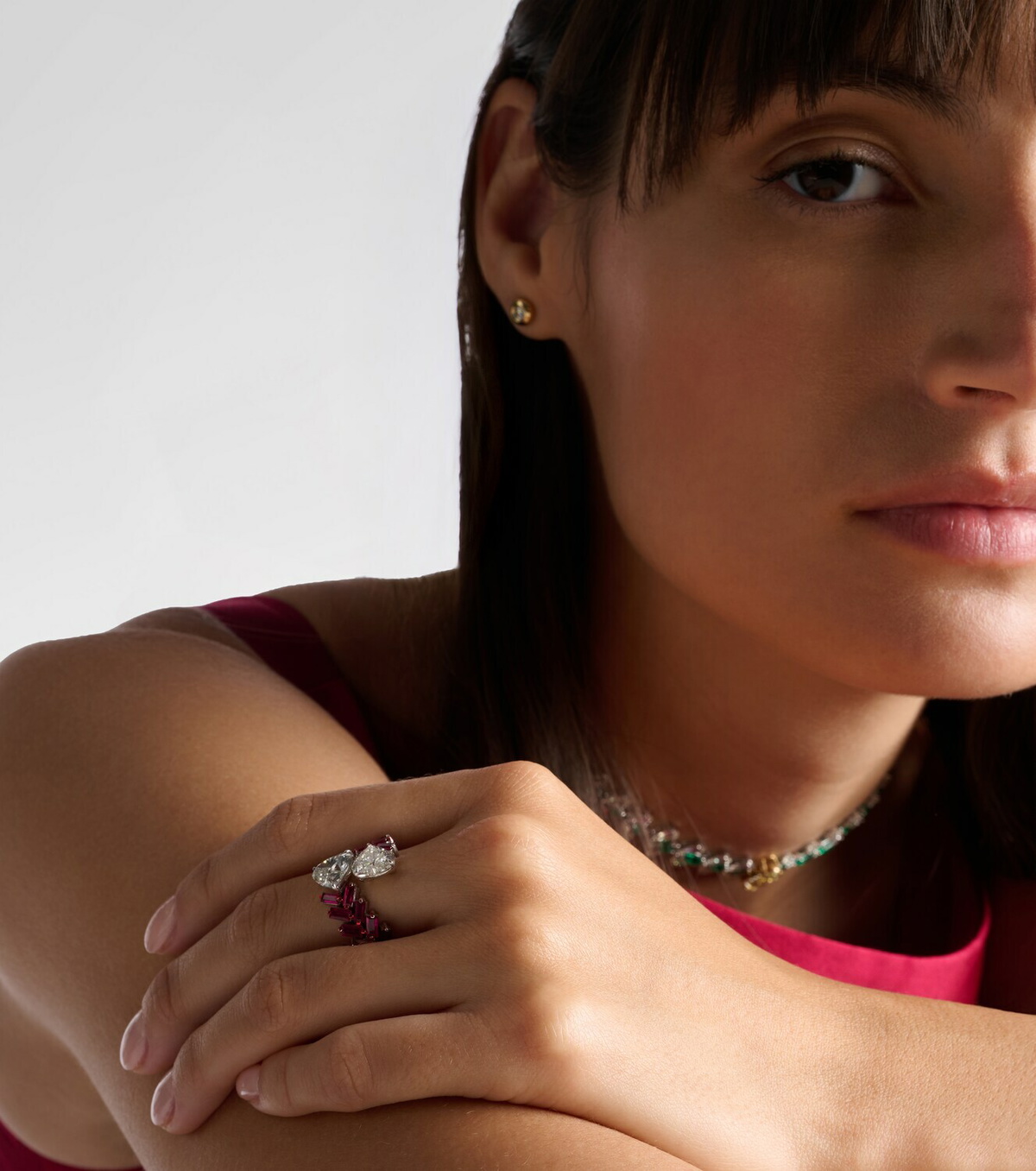 Kamyen 18kt white gold ring with rubies and diamonds