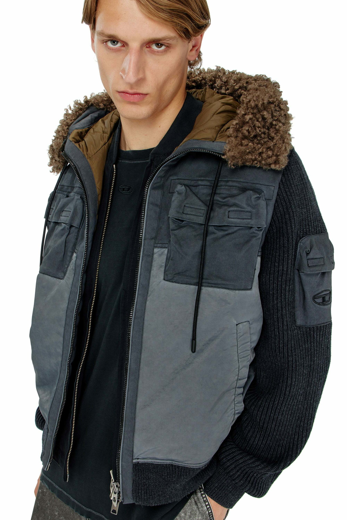 Diesel Hooded padded jacket with knitted sleeves - Winter Jackets Mens in Blue