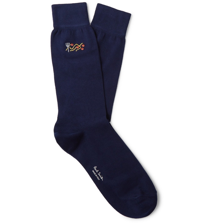 Photo: Paul Smith - Embroidered Cotton-Blend Socks - Blue