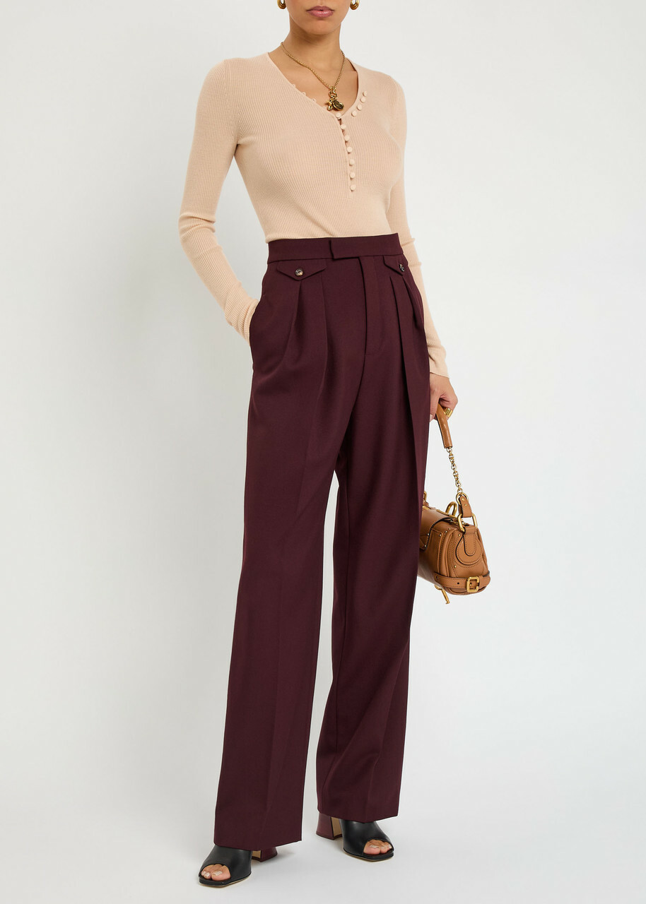 Chloe Pleated Straight-leg Wool Trousers Purple