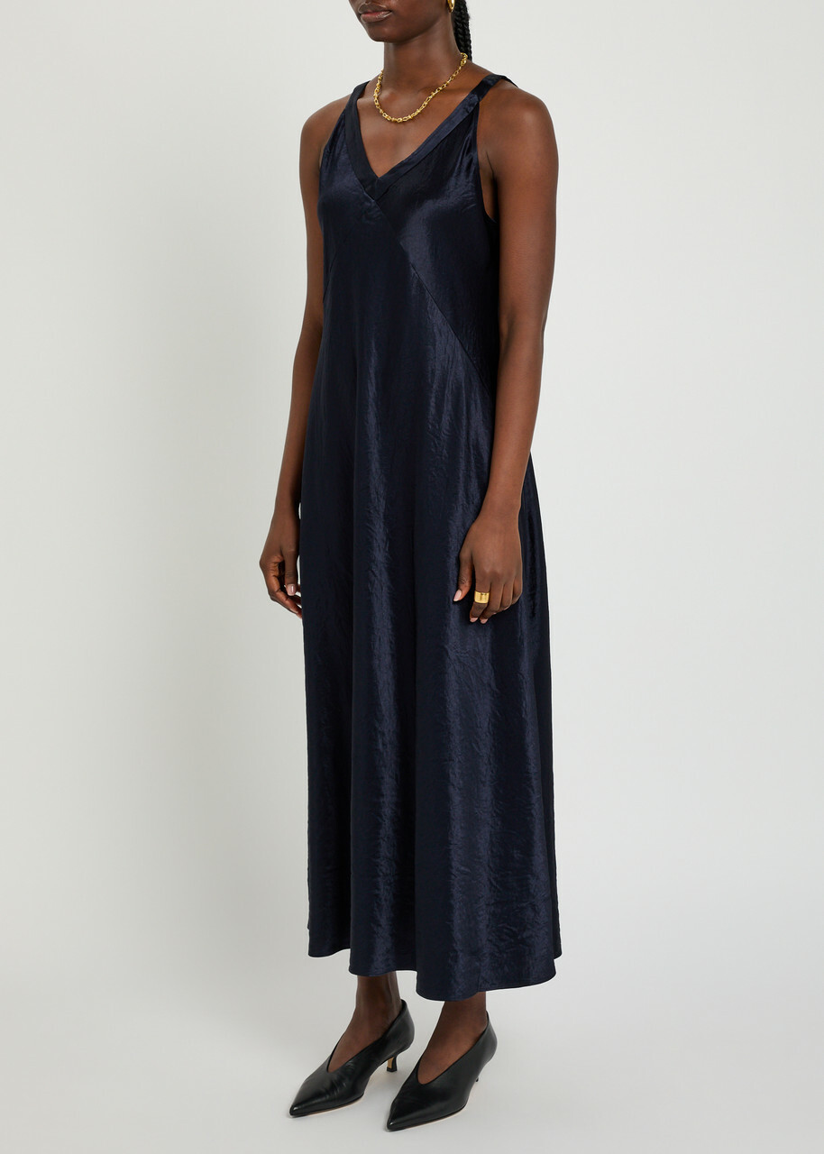Eileen Fisher Crinkled Satin Midi Dress Dark Blue