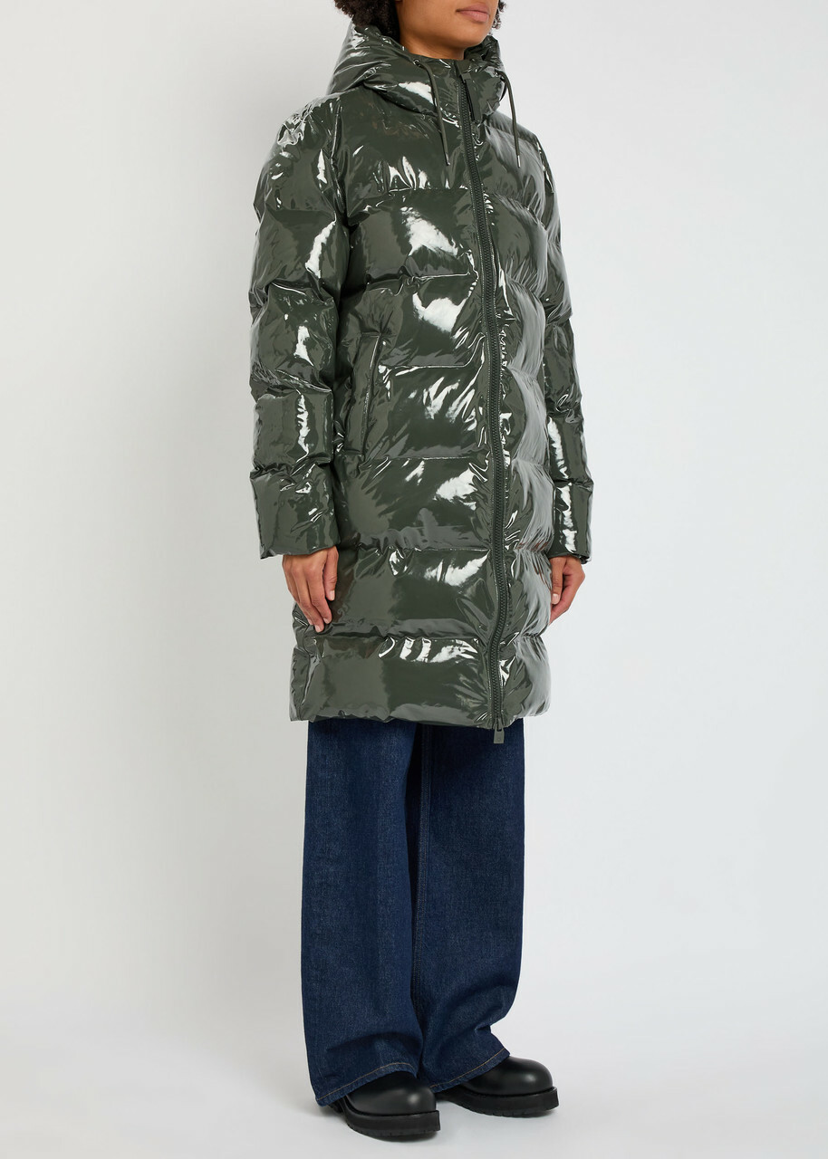 Rains Alta Long Quilted Coated Rubberised Jacket Dark Green