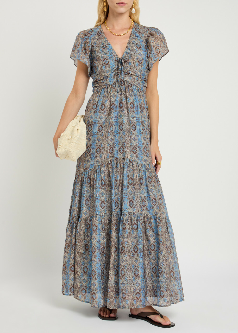 paige kinga silk blend flutter-sleeve tiered maxi dress Paige Kinga Maxi Dress - Navy Multi - 30% Off