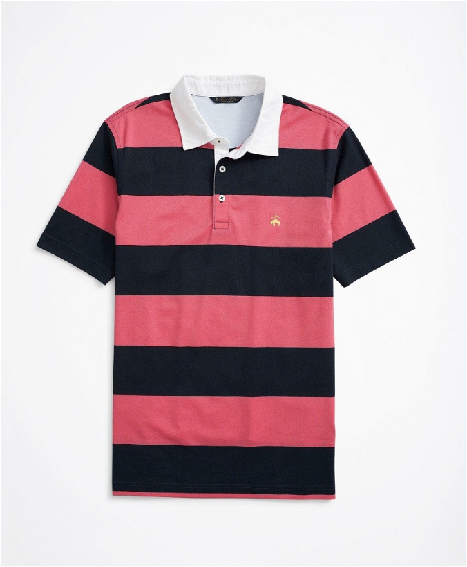 Photo: Brooks Brothers Men's Slim Fit Rugby Stripe Stretch Pique Polo Shirt | Navy/Pink