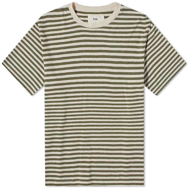 Photo: Folk Men's Classic Stripe T-Shirt in Olive/Ecru