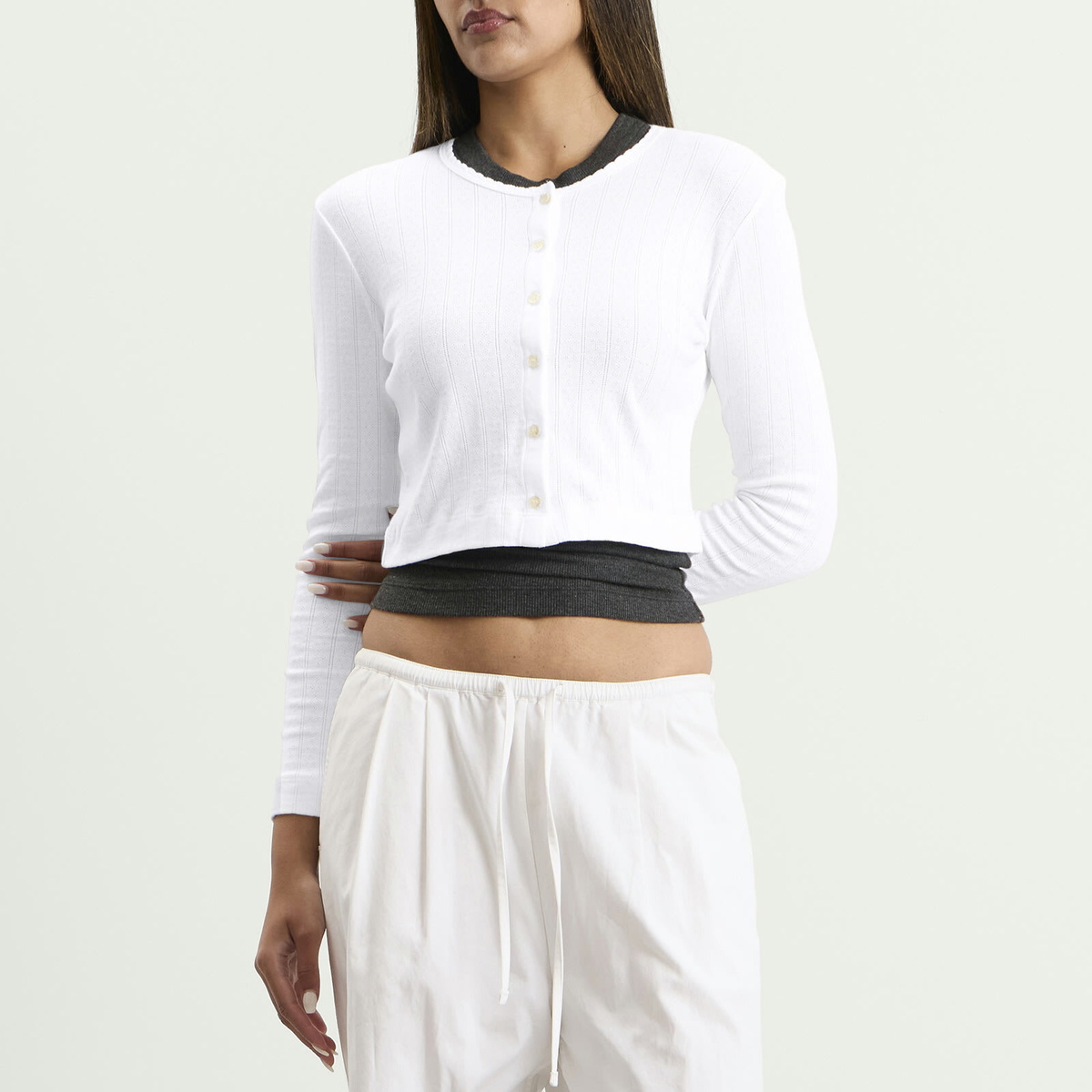 LESET Women's Pointelle Crop Cardigan in White