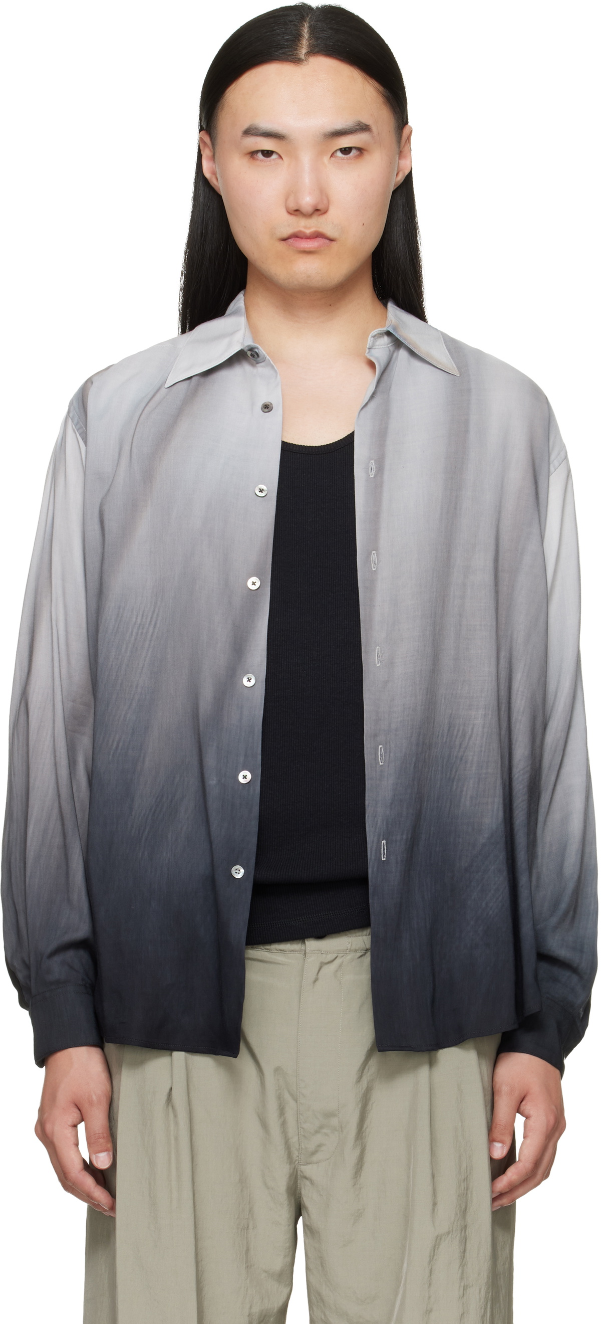 YOKE Gray Cotton Silk Lawn Hand Painted Loose Fit Shirt