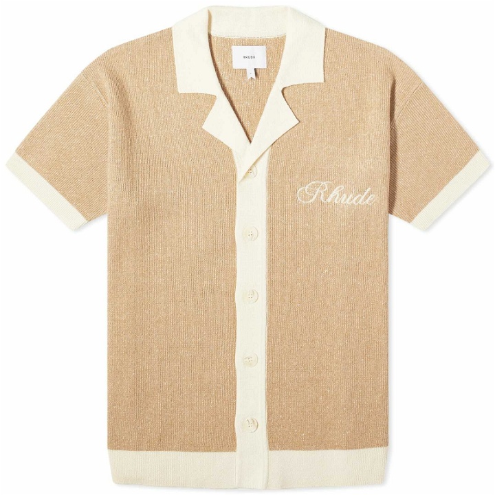 Photo: Rhude Men's Contrast Knit Button-Up Polo Shirt in Brick/Cream