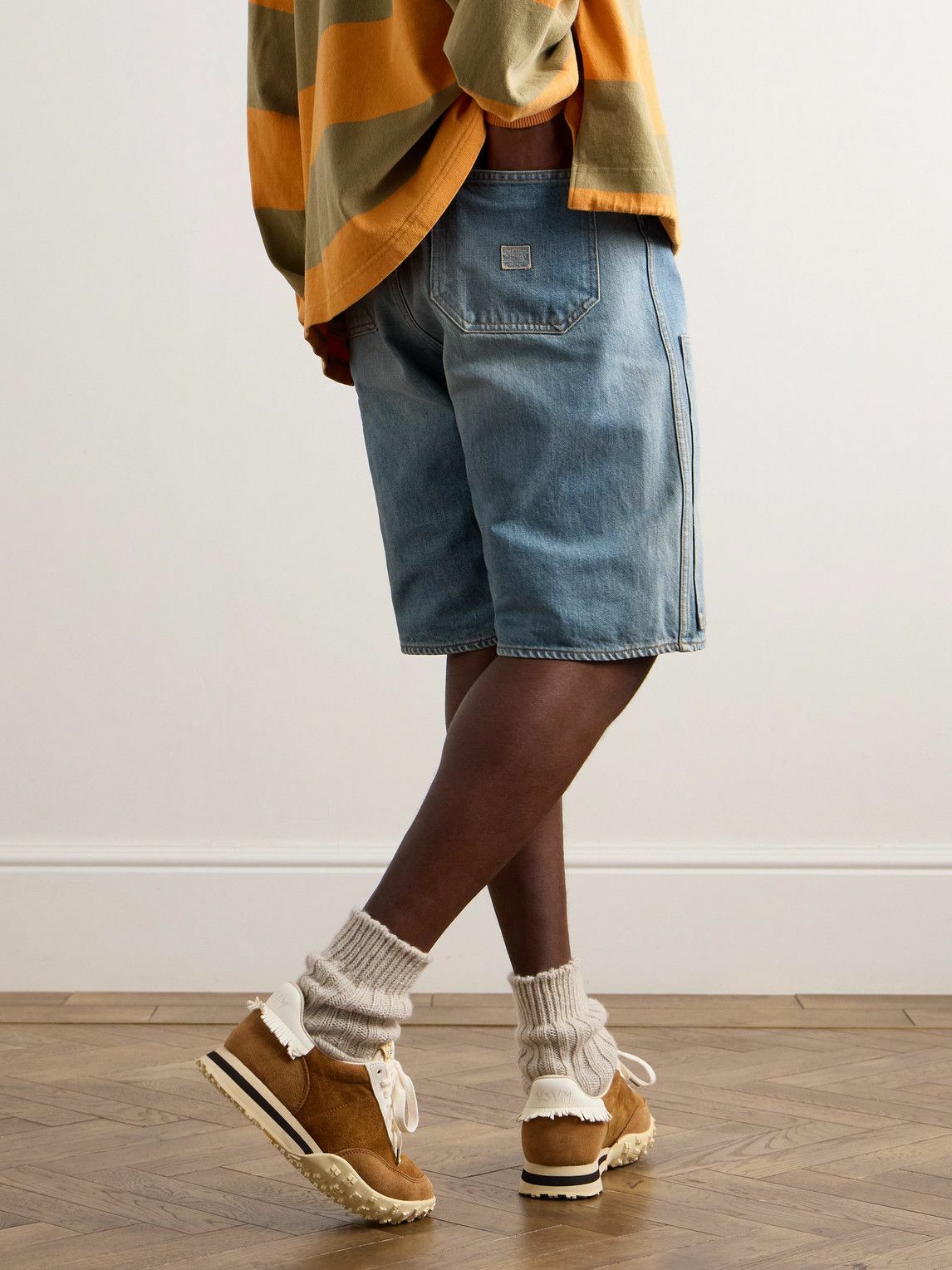 KAPITAL - Straight-Leg Leather-Trimmed Embellished Denim Shorts - Blue