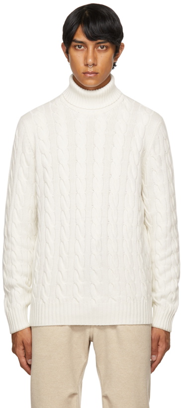 Photo: Brunello Cucinelli White Wool Cable Knit Turtleneck