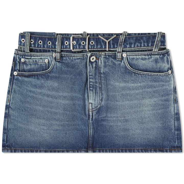 Photo: Y-Project Women's EVERGREEN Y BELT DENIM MINI SKIRT in Evergreen/Vintage Blue
