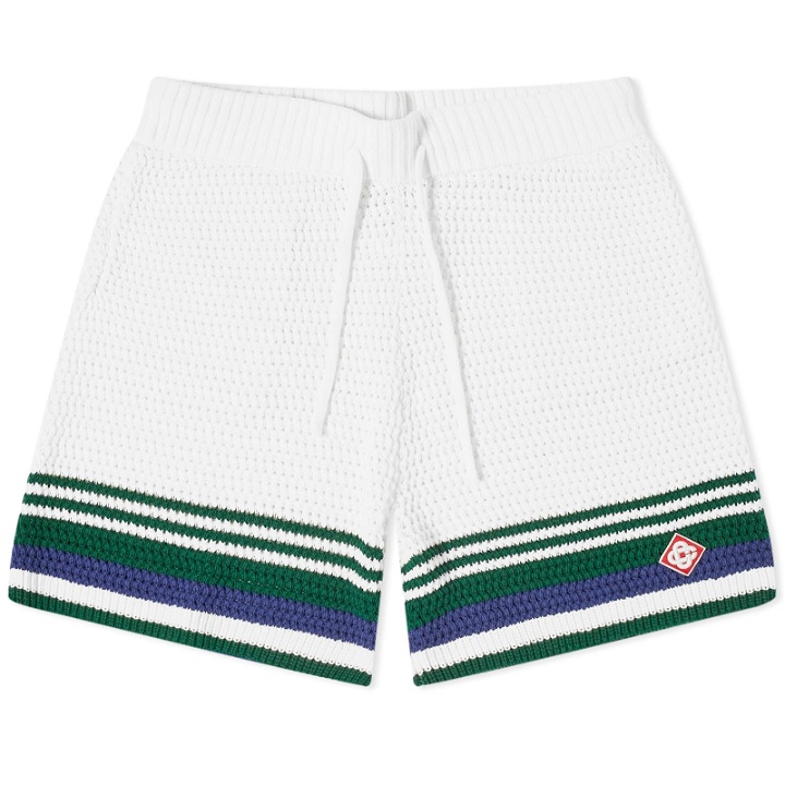 Photo: Casablanca Men's Crochet Tennis Shorts in White/Green