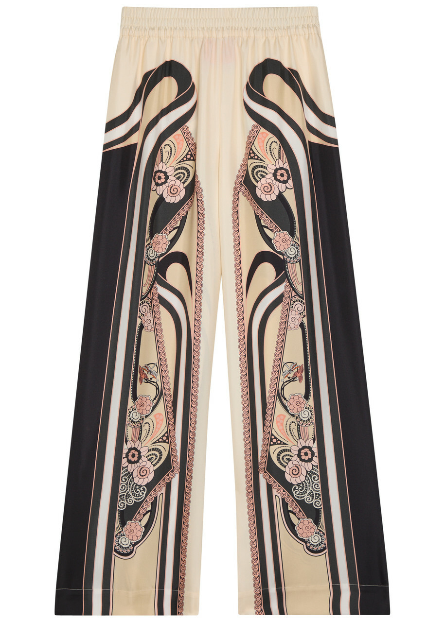LA Double J Printed Wide-leg Silk Trousers Cream