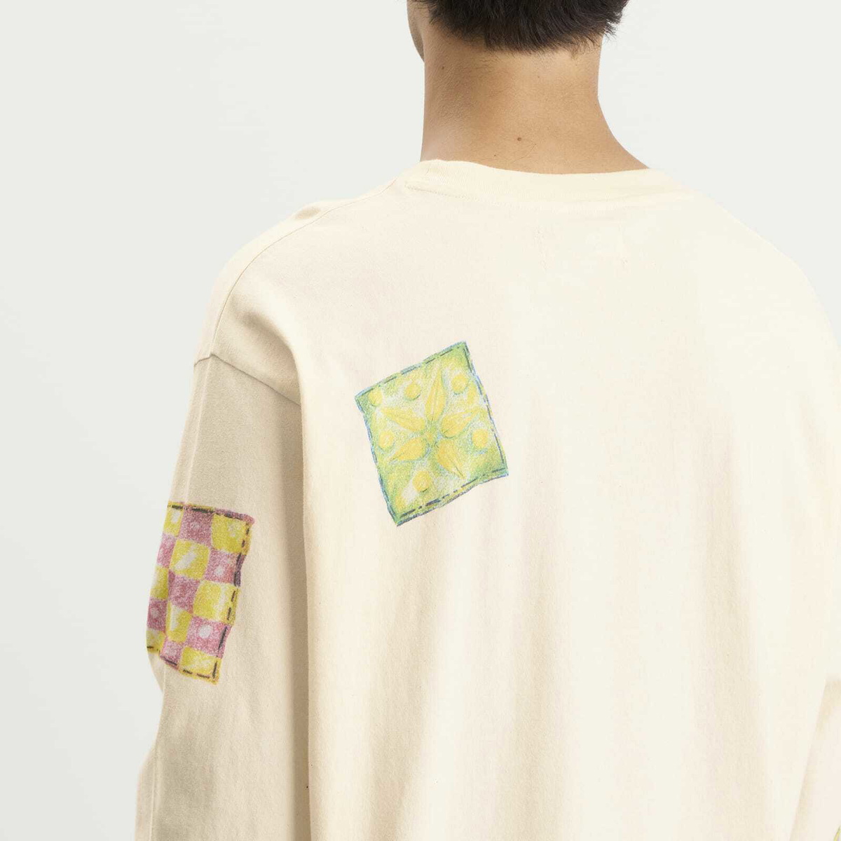 Story mfg. Men's Grateful Long Sleeve T-Shirt in Ecru Patchwork Bear