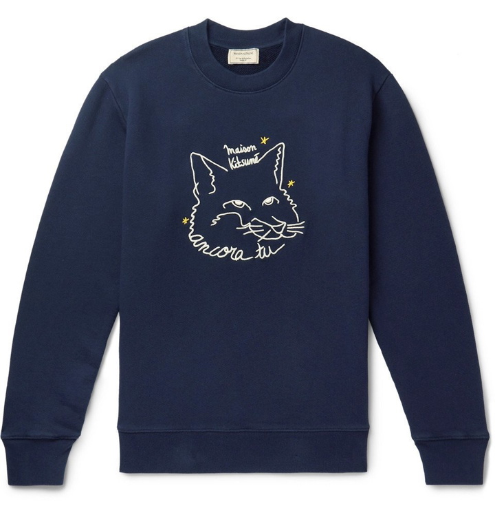 Photo: Maison Kitsuné - Embroidered Loopback Cotton-Jersey Sweatshirt - Navy