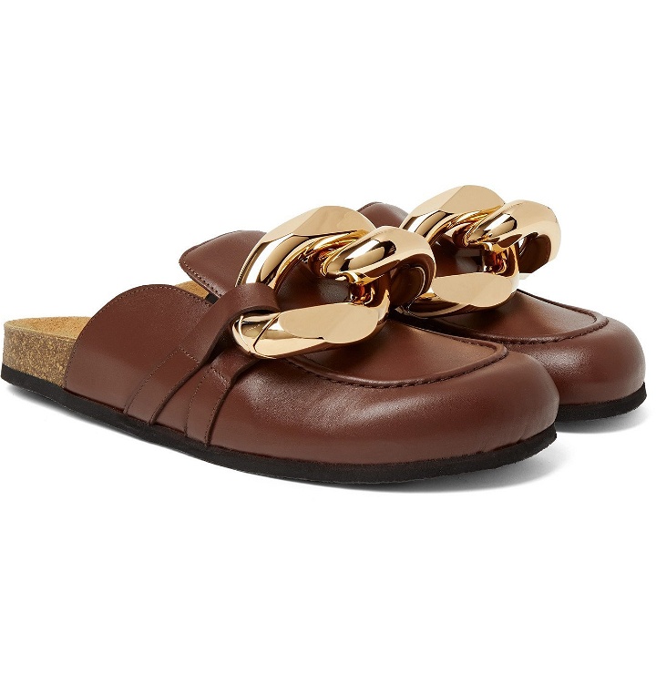 Photo: JW Anderson - Chain-Embellished Leather Backless Loafers - Brown