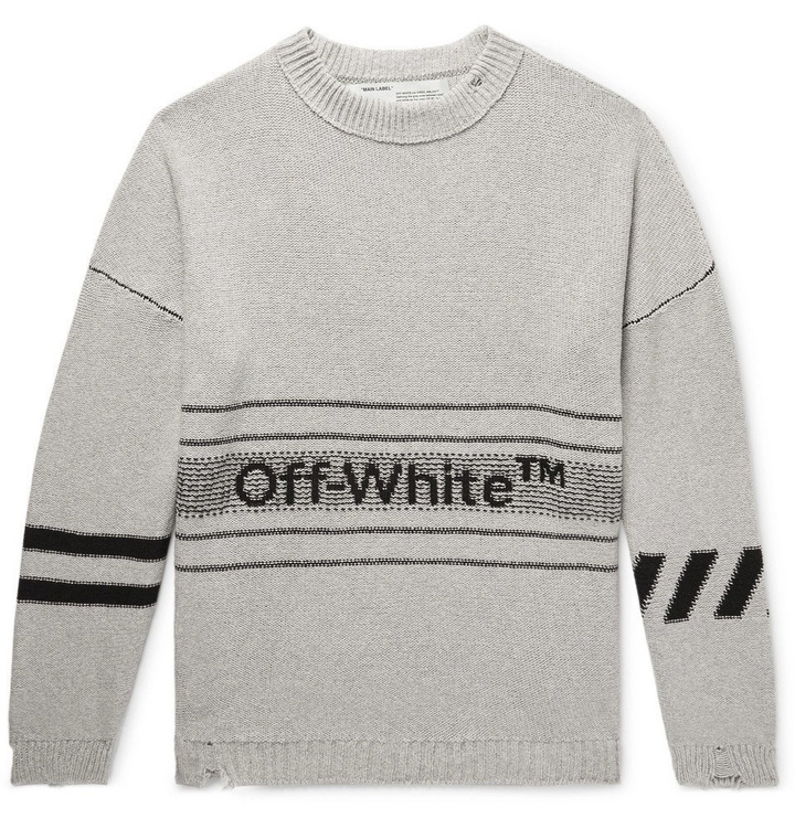 Photo: Off-White - Distressed Logo-Intarsia Cotton-Blend Sweater - Men - Gray